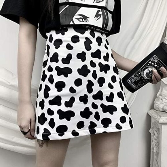 TOPVEST Women's Summer High Waist Cute Kpop Skirt Cow Print Casual A Line Mini S - Picture 2 of 5